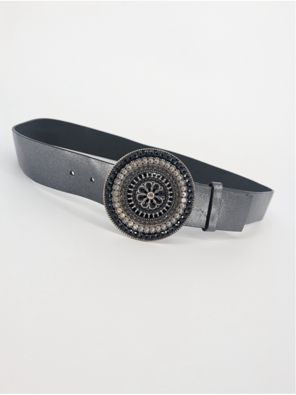 White House Black Market Belt M/L Black Rhinestone Medallion Buckle Wide Belt